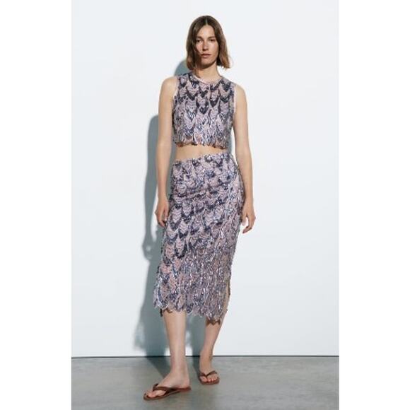 Zara Iridescent Pink & Purple Scalloped Sequin Mermaid Midi Pencil Skirt Size XS - Picture 6 of 15